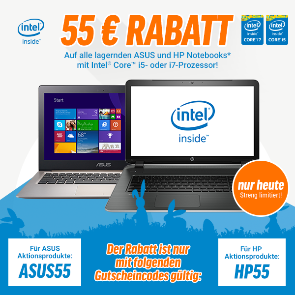 Nur heute: 55 Euro Rabatt auf lagernde ASUS & HP-Notebooks mit Intel Core i5 oder i7-Prozessor