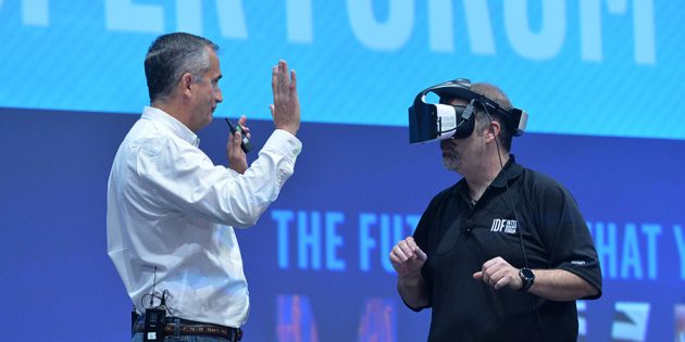 Intel’s Craig Raymond displays the Project Alloy virtual reali