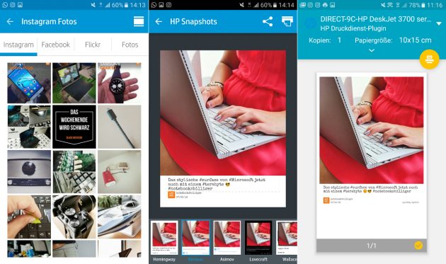 Die Benutzeroberfläche der App HP Social Media Snapshots