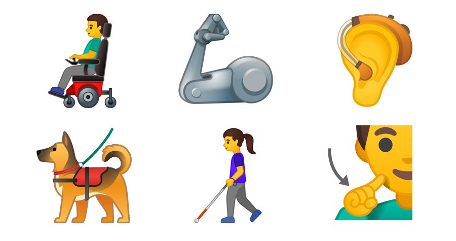Das Bild zeigt sechs der neuen Emojis: Eine Person im Rollstuhl, eine bionische Armprothese, ein Hörgerät, einen Blindenhund, eine Person mit Blinden-Langstock und eine Person, die per Gebärdensprache kommuniziert