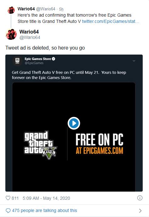 Tweet GTA V Epic Games Store