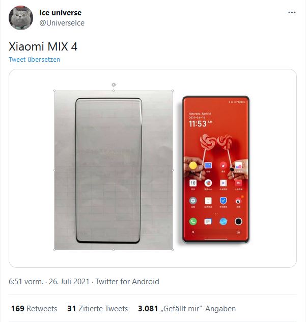 Xiaomi Mi Mix 4 via Ice Universe on Twitter Tweet