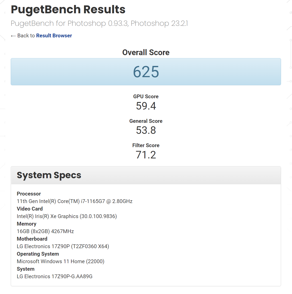 LG Gram 17 PugetBench PhotoShop Benchmark